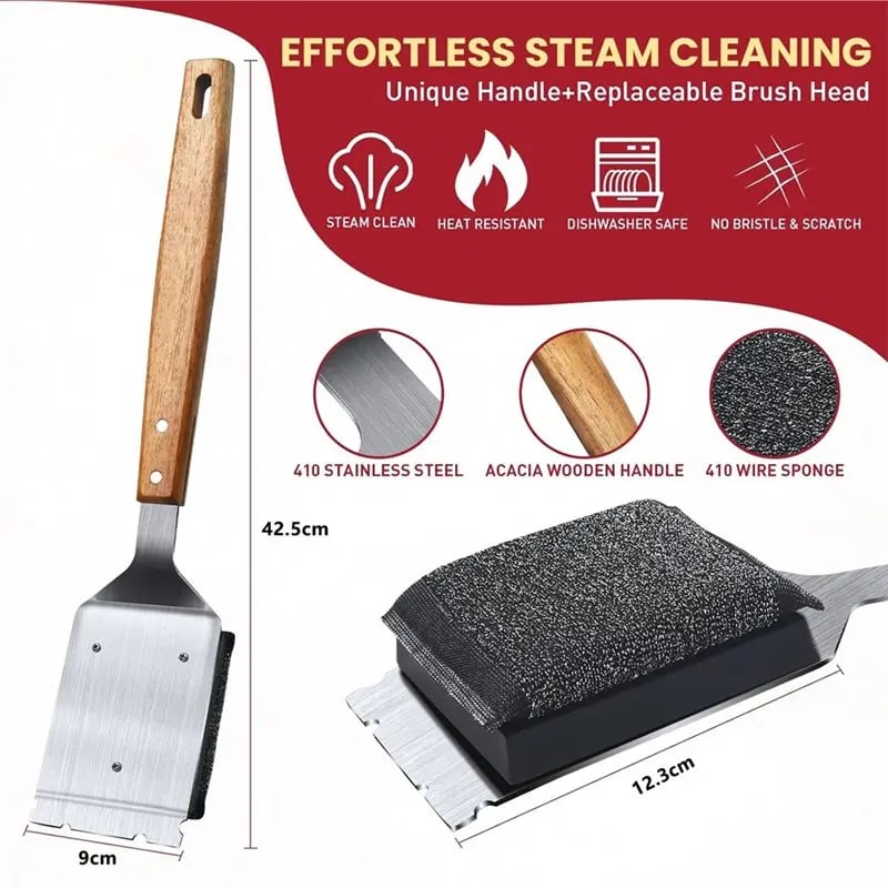 Bristle-Free BBQ Grill Brush with 410 Stainless Steel Scraper and Replaceable Head