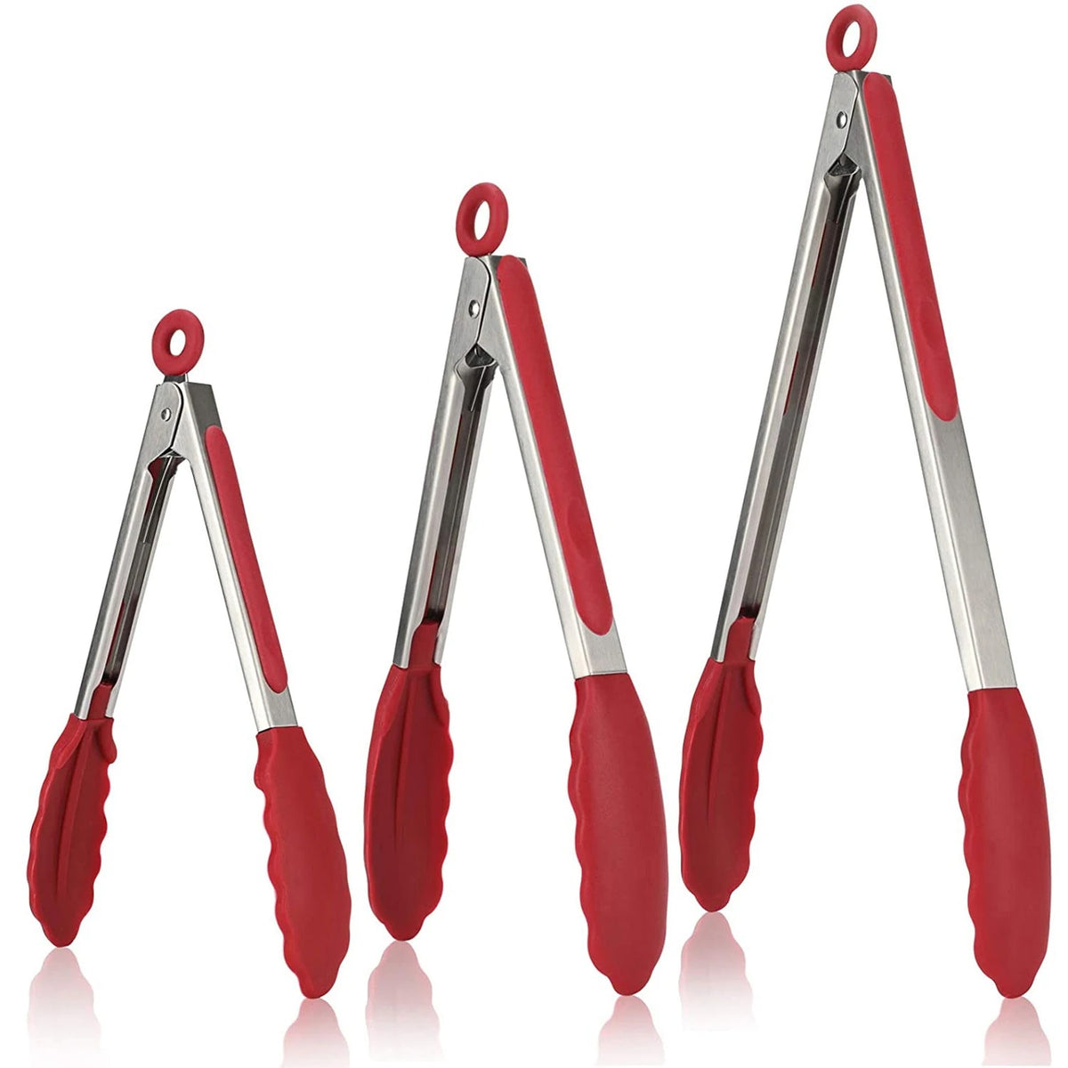 Stainless Steel BBQ Tongs, 3-Piece Set, Silicone Tips, 8/10/13in - Red-3packs