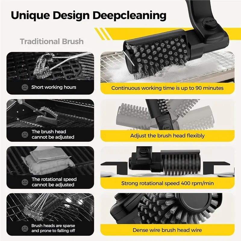 Electric BBQ Grill Cleaning Brush, Rechargeable Metal Steam Grill Scrubber, Black