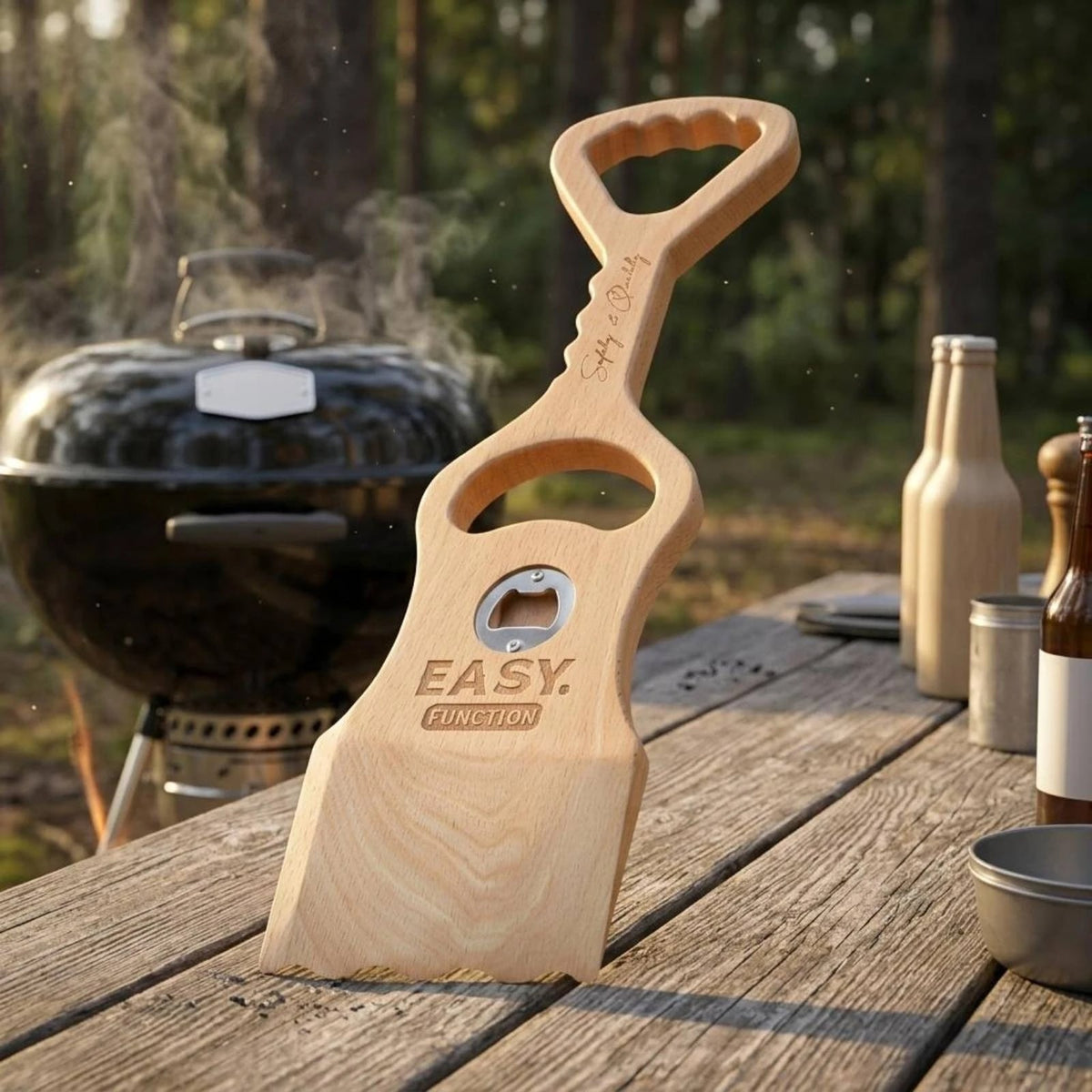 Wooden BBQ Grill Scraper and Griddle Cleaner with Bottle Opener