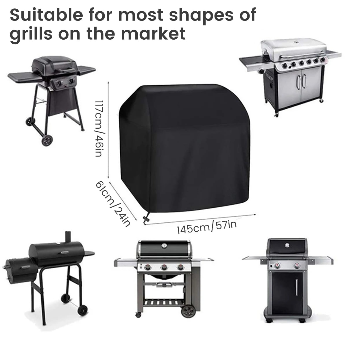 BBQ Grill Cover 145 x 61 x 117cm Black Waterproof Dustproof Fabric