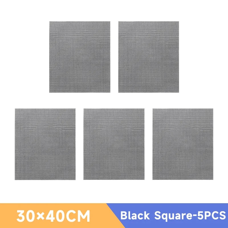 Reusable Non-Stick BBQ Mesh Mat, Heat-Resistant Grill Liner, 30cm or 40cm - Black Square-5PCS