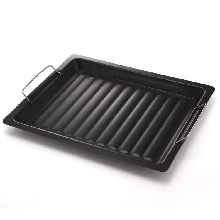 Non-Stick BBQ Grill Pan for Charcoal Cooking, Ridged Iron Griddle with Handles