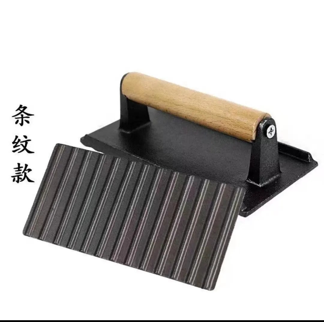 Heavy-Duty Iron BBQ Grill Press for Bacon, Meat and Griddle Cooking - Striped 20x10.5cm