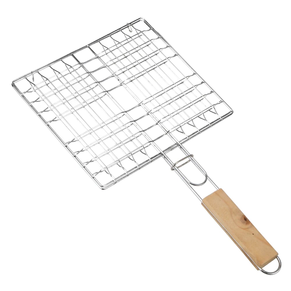 Foldable BBQ Grill Basket with Wooden Handle, Iron Wire Mesh, 39.1 x 20.9cm