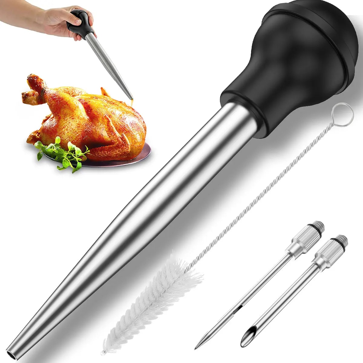Turkey Baster Meat Marinade Injector with Two Needles, Metal Syringe - style1 Black 1pc