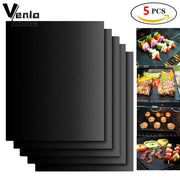 Non-Stick BBQ Grill Mat 5-Pack, Reusable Black Barbecue Liner, 0.2mm, 2 Sizes
