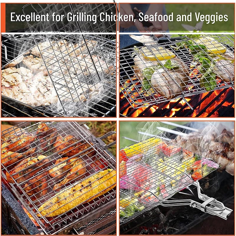 bbqdeals Foldable Stainless Steel Grill Basket with Removable Wooden