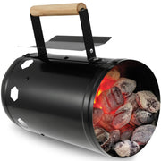 Charcoal Chimney Starter, Black Iron Barbecue Charcoal Lighter with Wooden Handle, 27.5cm