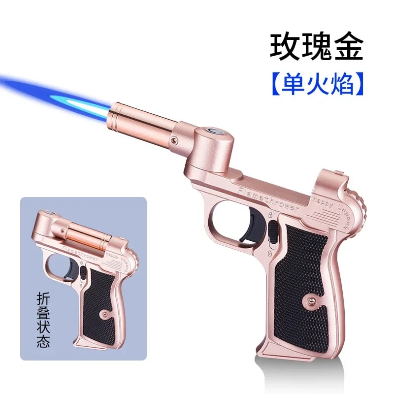 Foldable Butane Gas Lighter with Safety Lock, Windproof Blue Flame - Rose Gold