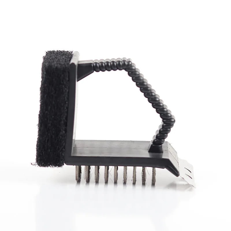 3-in-1 BBQ Grill Brush with Stainless Steel Scraper, Wire Bristles and Sponge - black