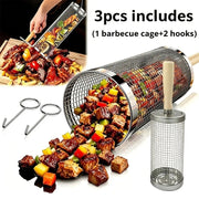 Stainless Steel Rolling BBQ Grill Basket with Wooden Handle, 2 Hooks, 20cm