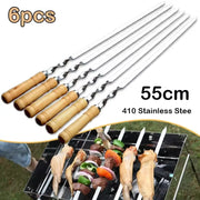 Stainless Steel BBQ Skewers with Wooden Handles, 45cm or 55cm, 6 Piece Set
