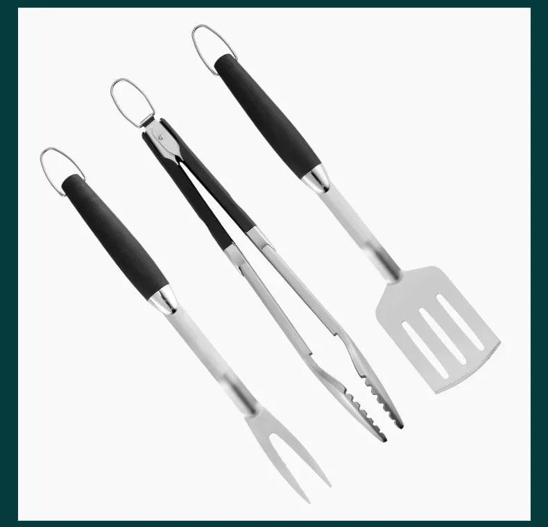3-Piece Stainless Steel BBQ Tool Set with Rubber Handles