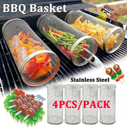 Stainless Steel BBQ Grilling Basket, Rolling Mesh Basket, Small or Large, 1, 2 or 4 Pack