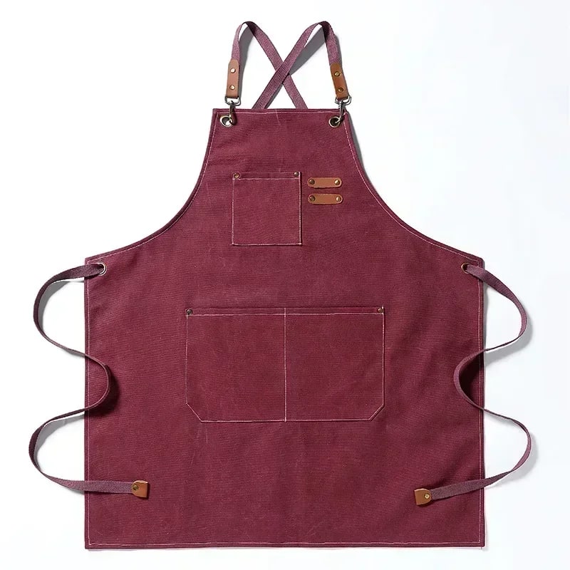 Cotton Canvas BBQ and Kitchen Apron with Cross-Back Straps and Pockets, One Size - OneSize / burgundy