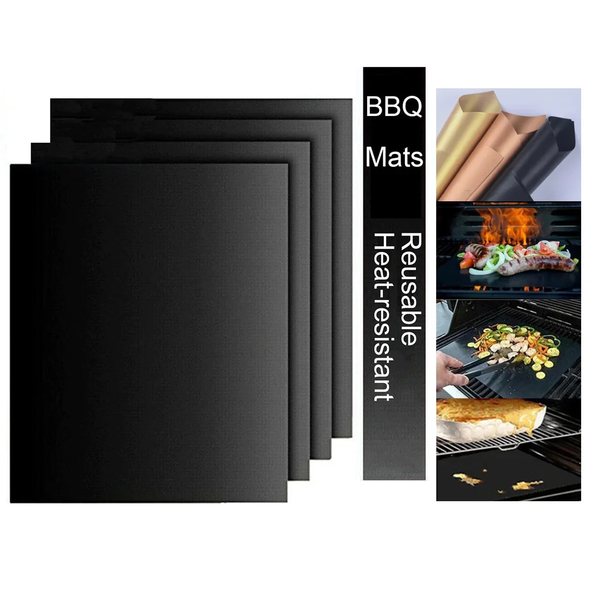Non-Stick BBQ Grill Mats, 4 Pack, 33 x 40cm, Reusable Heat-Resistant Sheets - 4Pcs Black