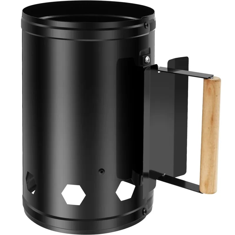 Charcoal Chimney Starter with Wooden Handle, Black Iron, 27.5 x 16.5cm