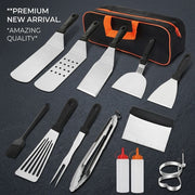 Stainless Steel BBQ Griddle Tool Set with Carry Bag, Spatulas, Tongs and Scraper
