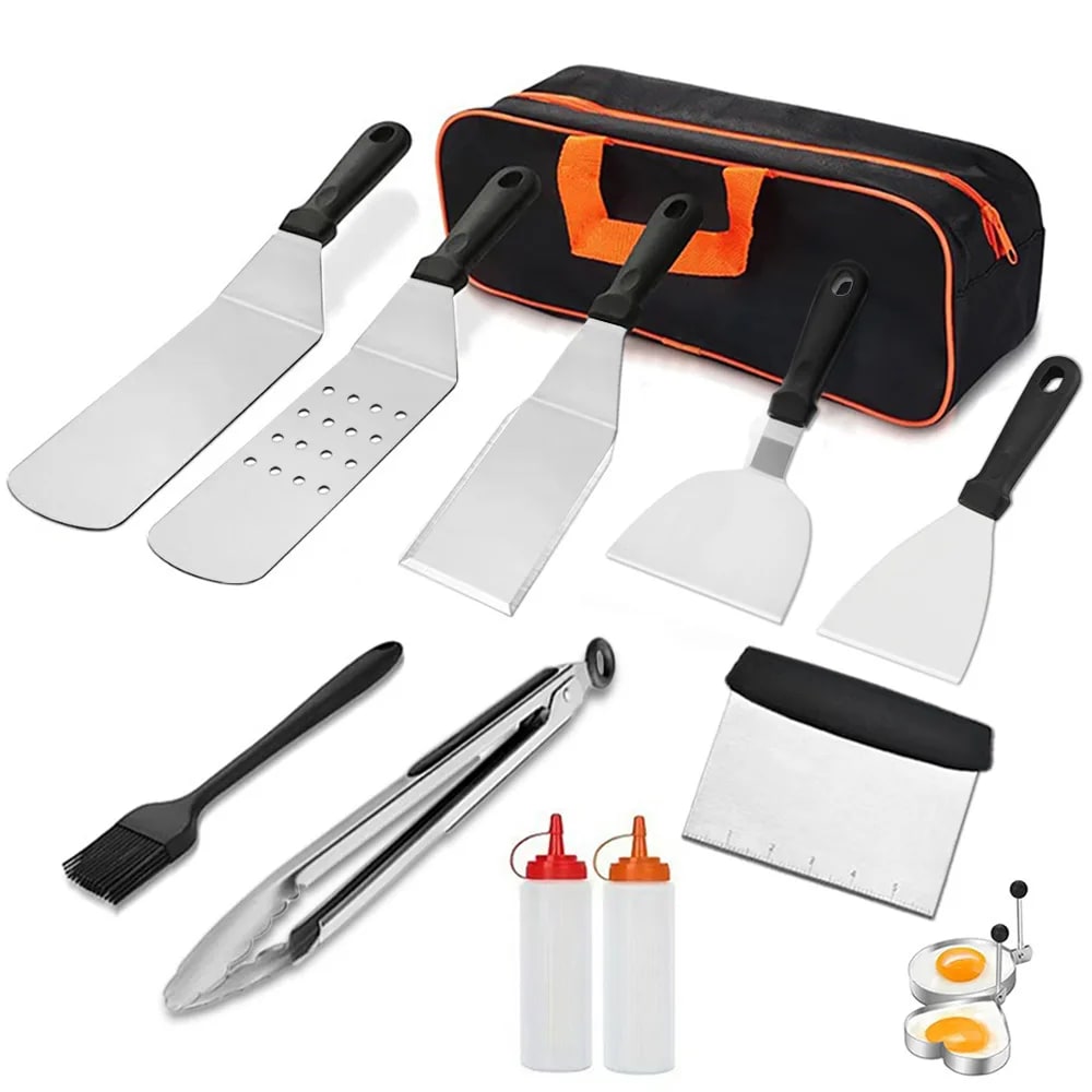Stainless Steel BBQ Griddle Tool Set with Carry Bag, Spatulas, Tongs and Scraper - 12-Piece Set