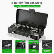 2-Burner Portable Propane Camping Stove, 6kW, Foldable Metal