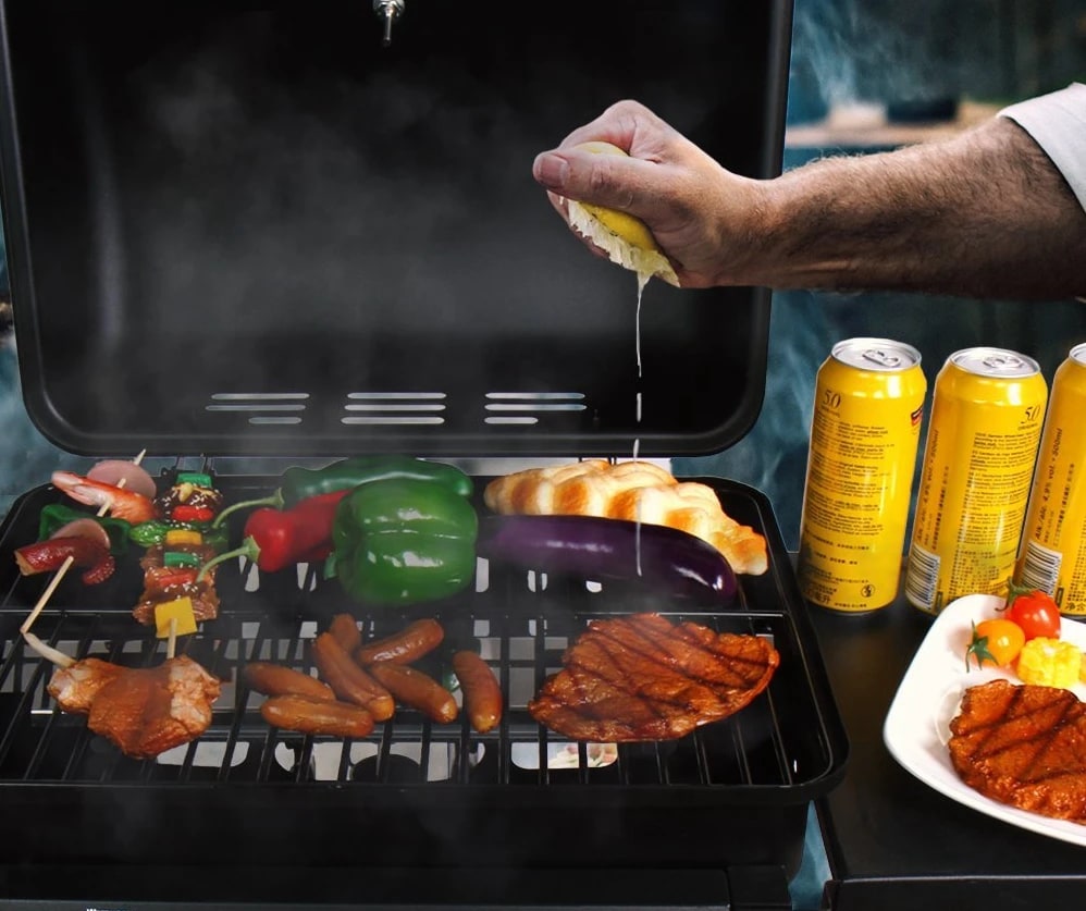 Outdoor Gas BBQ Grill, 2 Burners with Side Burner, Trolley, Warming Rack, 110 x 50 x 100cm