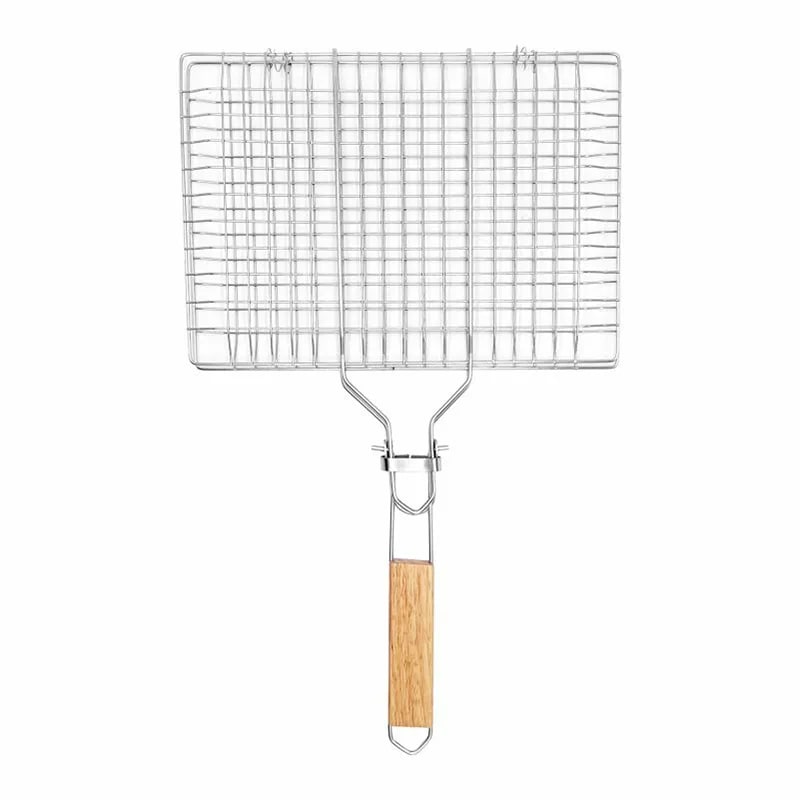 Stainless Steel BBQ Grill Basket with Removable Wooden Handle - B