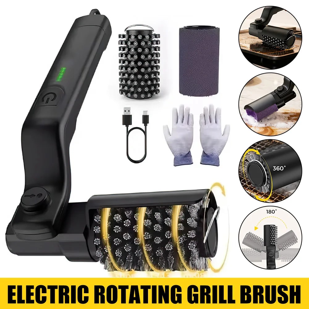 Electric Rotating Grill Brush with Replaceable Head, USB Charging and Metal Bristles