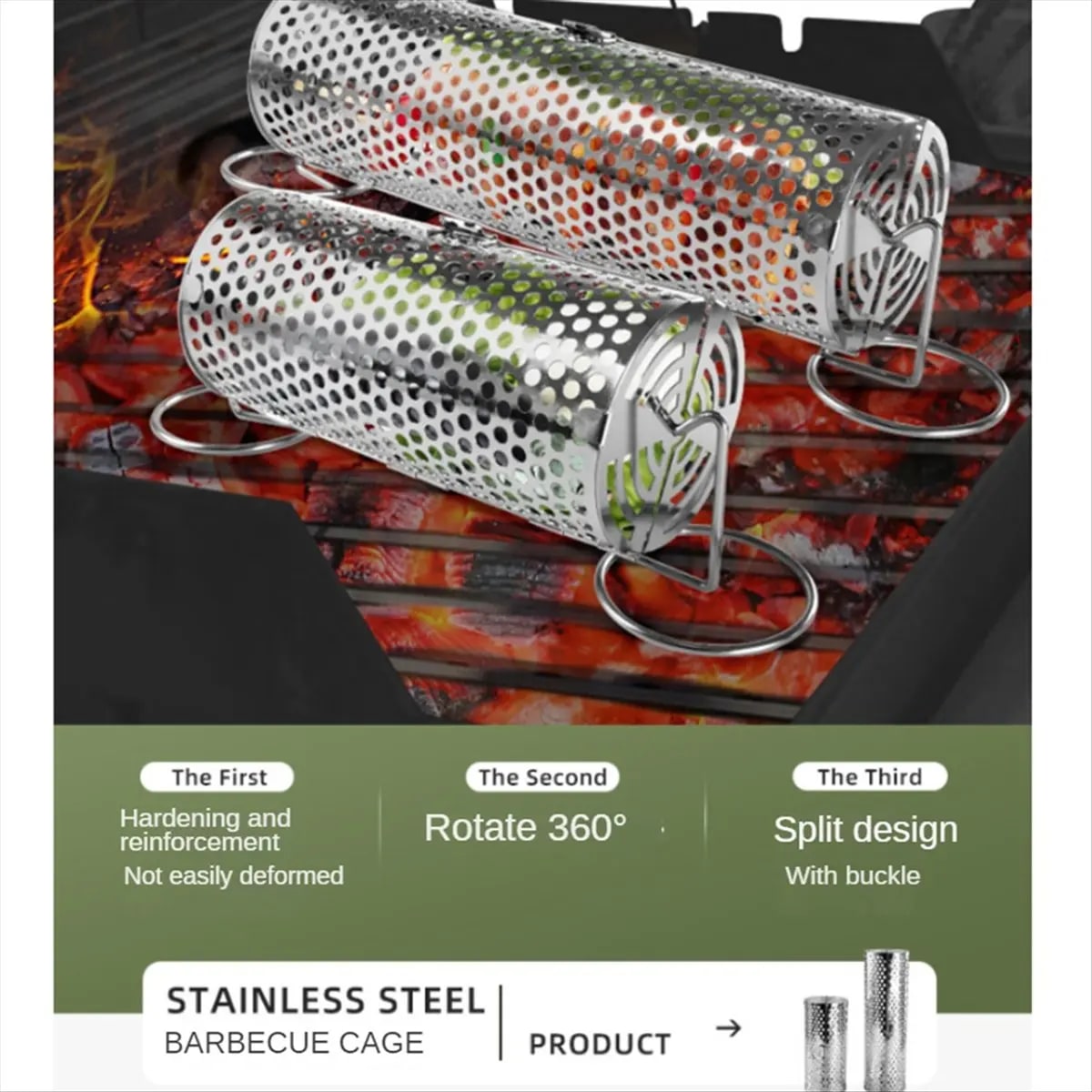 Stainless Steel Rotating BBQ Grill Basket with Stand, 200 x 90mm