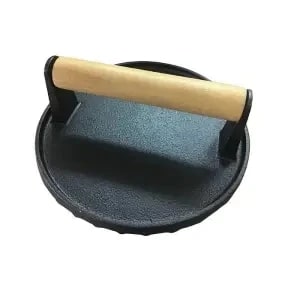 Cast Iron BBQ Meat Press with Wooden Handle, 22.8 x 12.7cm - round
