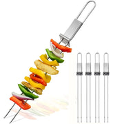Stainless Steel BBQ Skewers, 13in Flat Double-Pronged Kebab Skewers with Push Bar