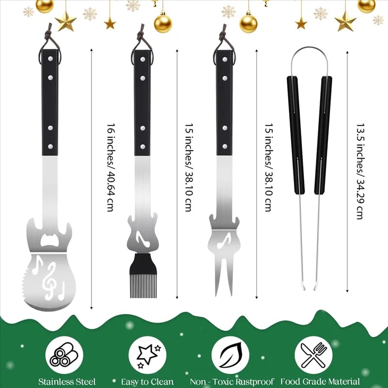 4-Piece Stainless Steel BBQ Tool Set with Tongs, Fork, Spatula and Basting Brush