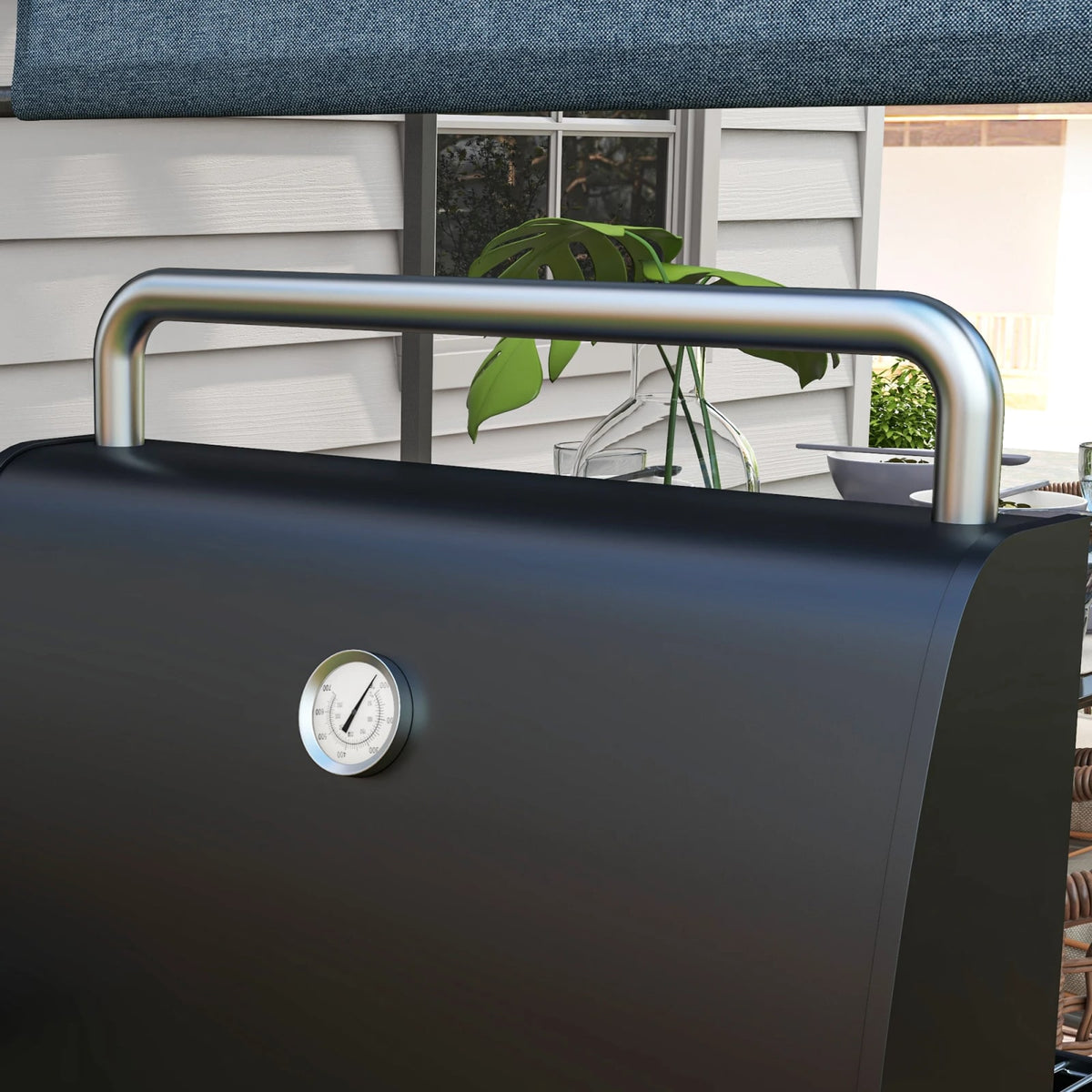 Outsunny Charcoal BBQ Grill Trolley with Lid, Shelves and Thermometer