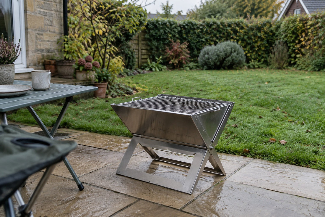 Portable stainless steel BBQ on a stone patio in a British garden