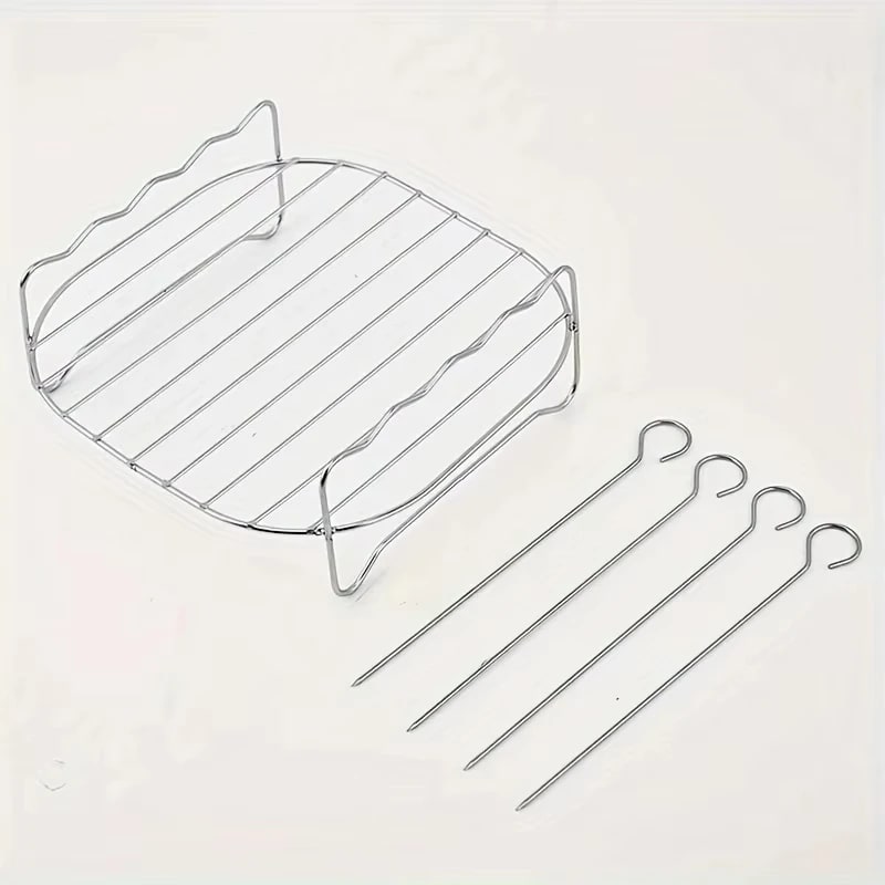 1set Stainless Steel Air Fryer Rack With 4 Roast Meat Picks - Grill Baking Stick
