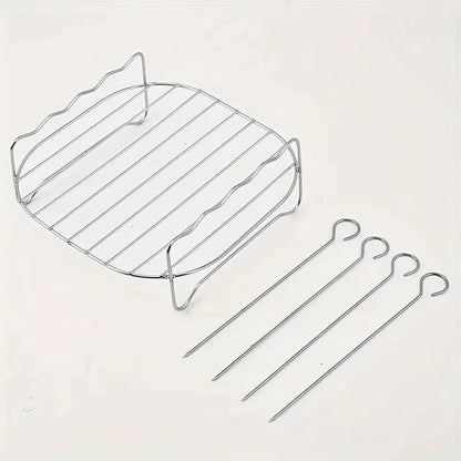 1set Stainless Steel Air Fryer Rack With 4 Roast Meat Picks - Grill Baking Stick