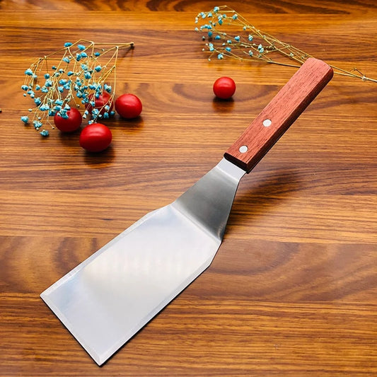 Stainless Steel Square Head Steak Cooking Spatula Wood Handle Pizza S - AC162-1A