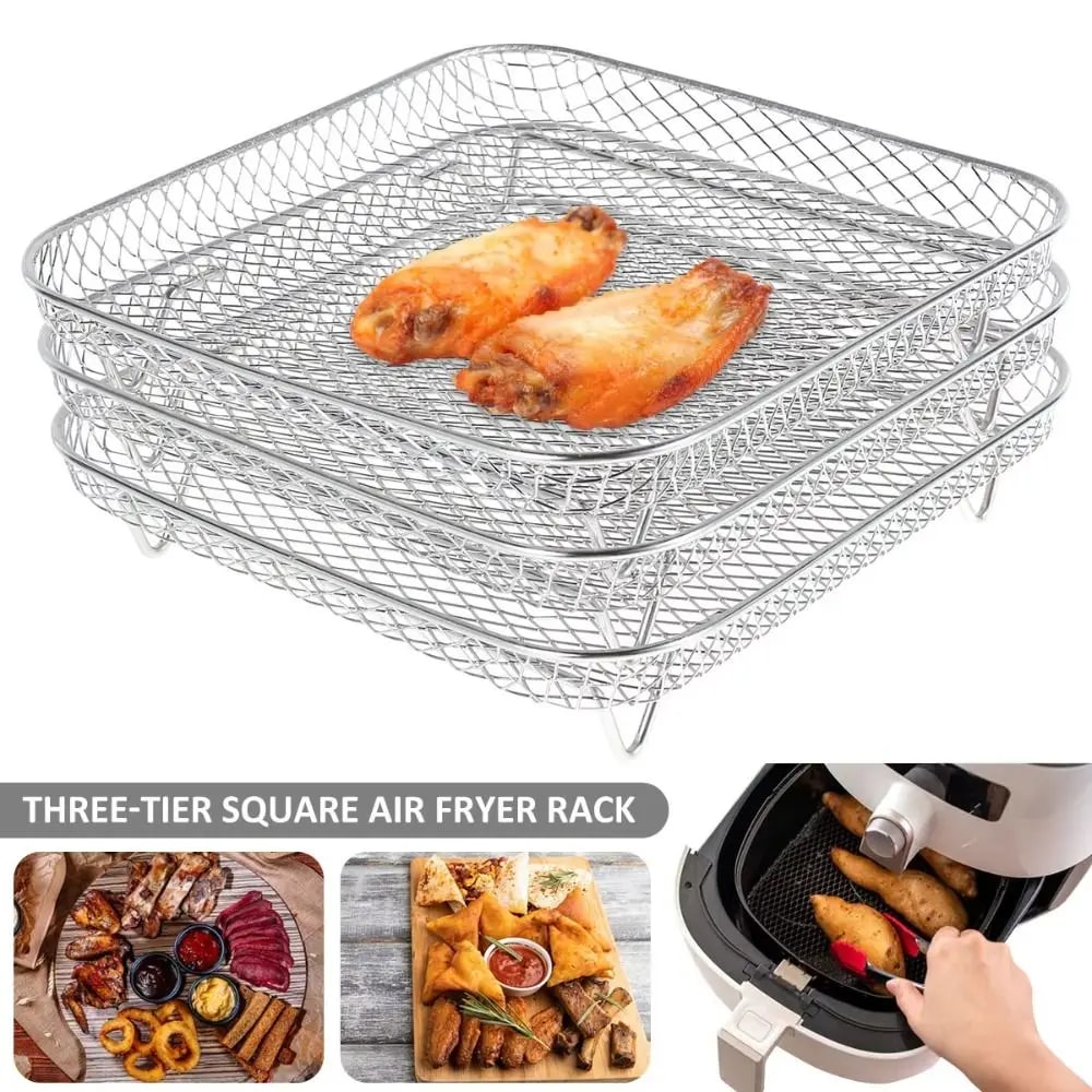1Pc Air Fryer Rack Stackable Grilling Rack Stainless Steel Grill Basket Non-Stic