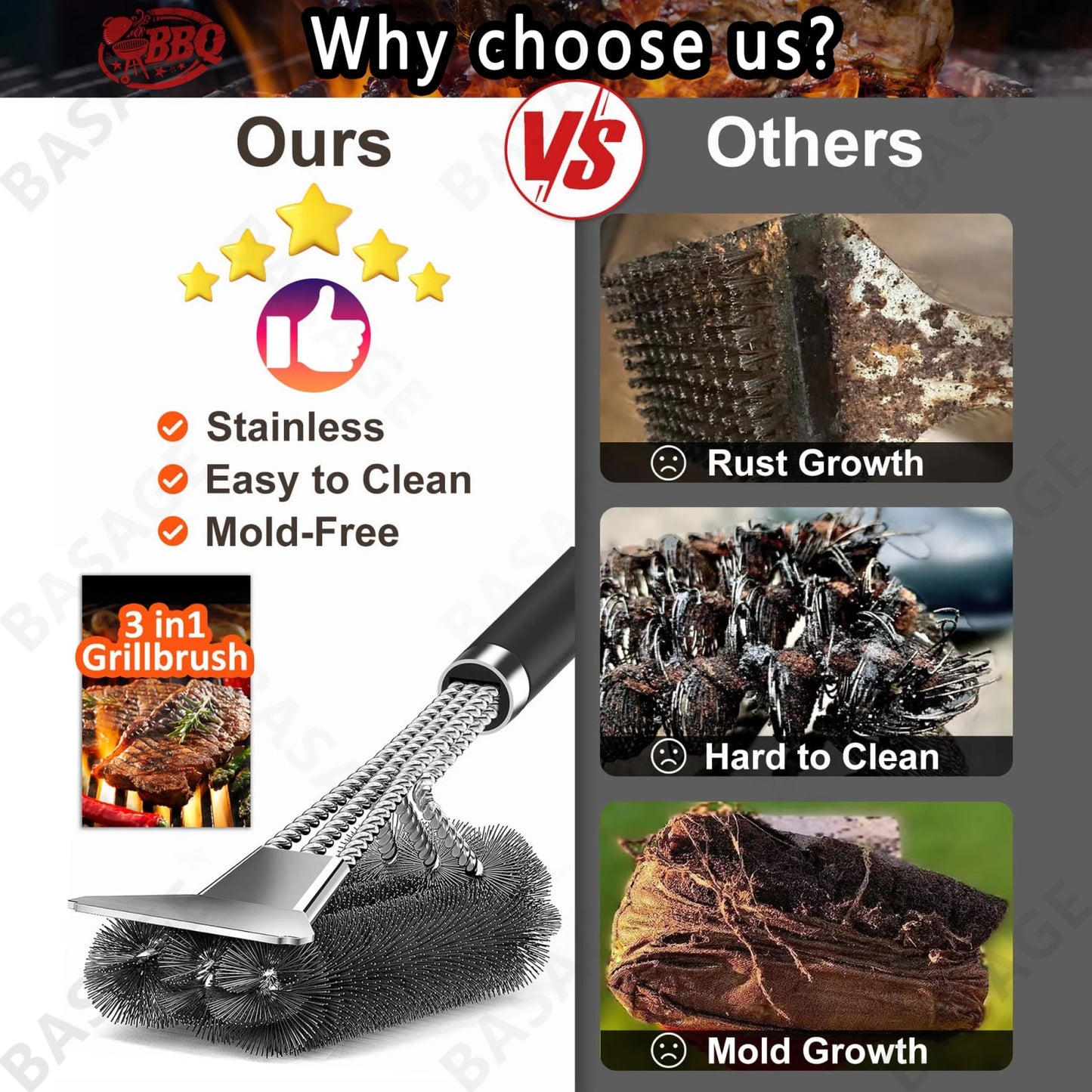 Safe Grill Brush - Bristle Free BBQ Grill Brush - Rust Resistant Stainless Steel