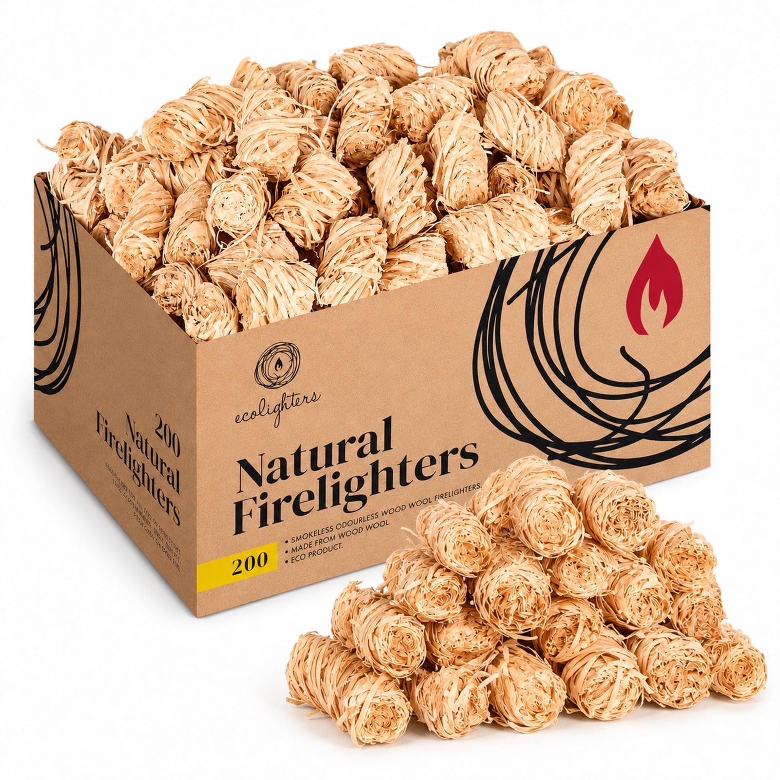 Natural Wood Wool Firelighters – 200 Pack, 2.1kg – product image 1