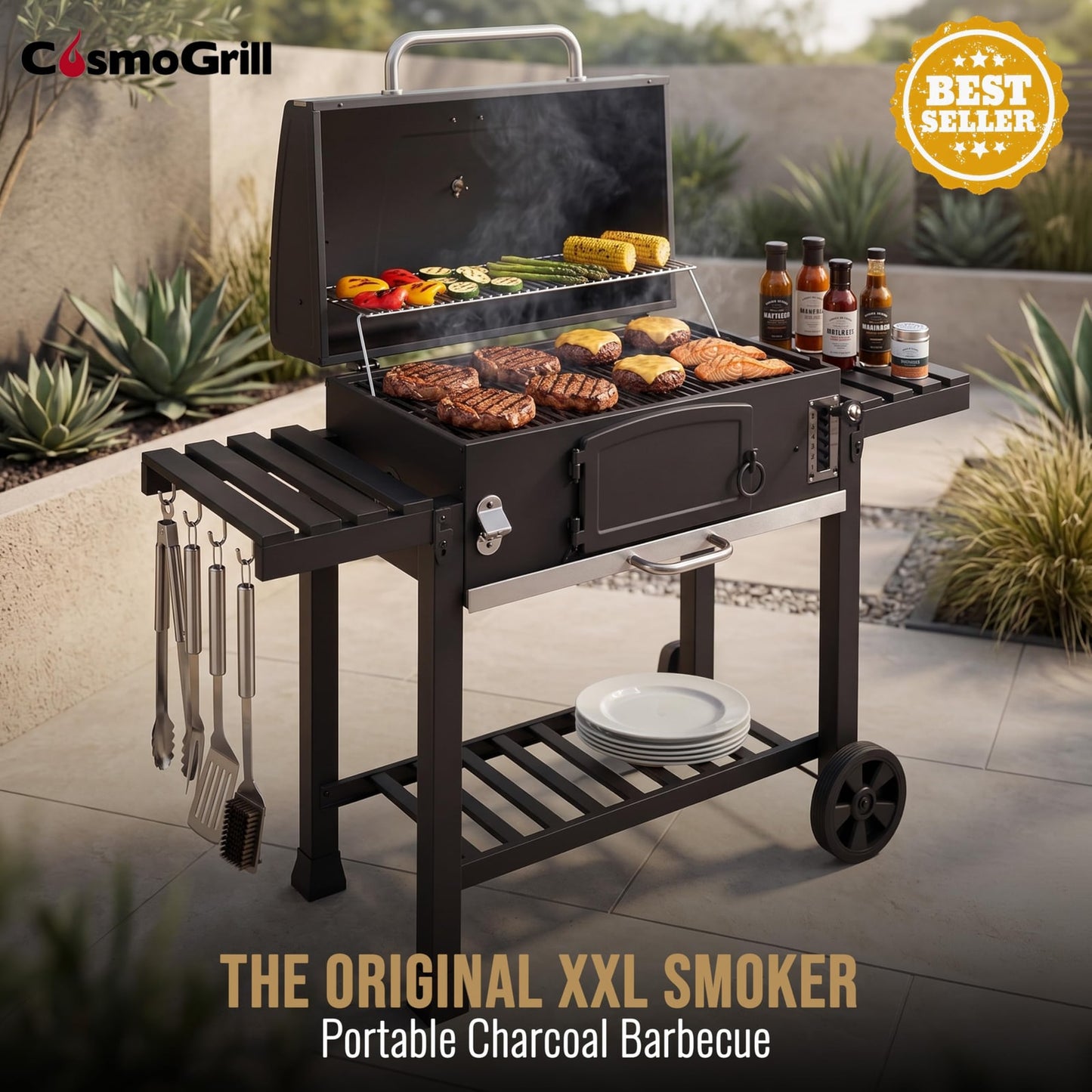 CosmoGrill Outdoor XXL Charcoal Smoker BBQ with Lid & Shelves – product image 3