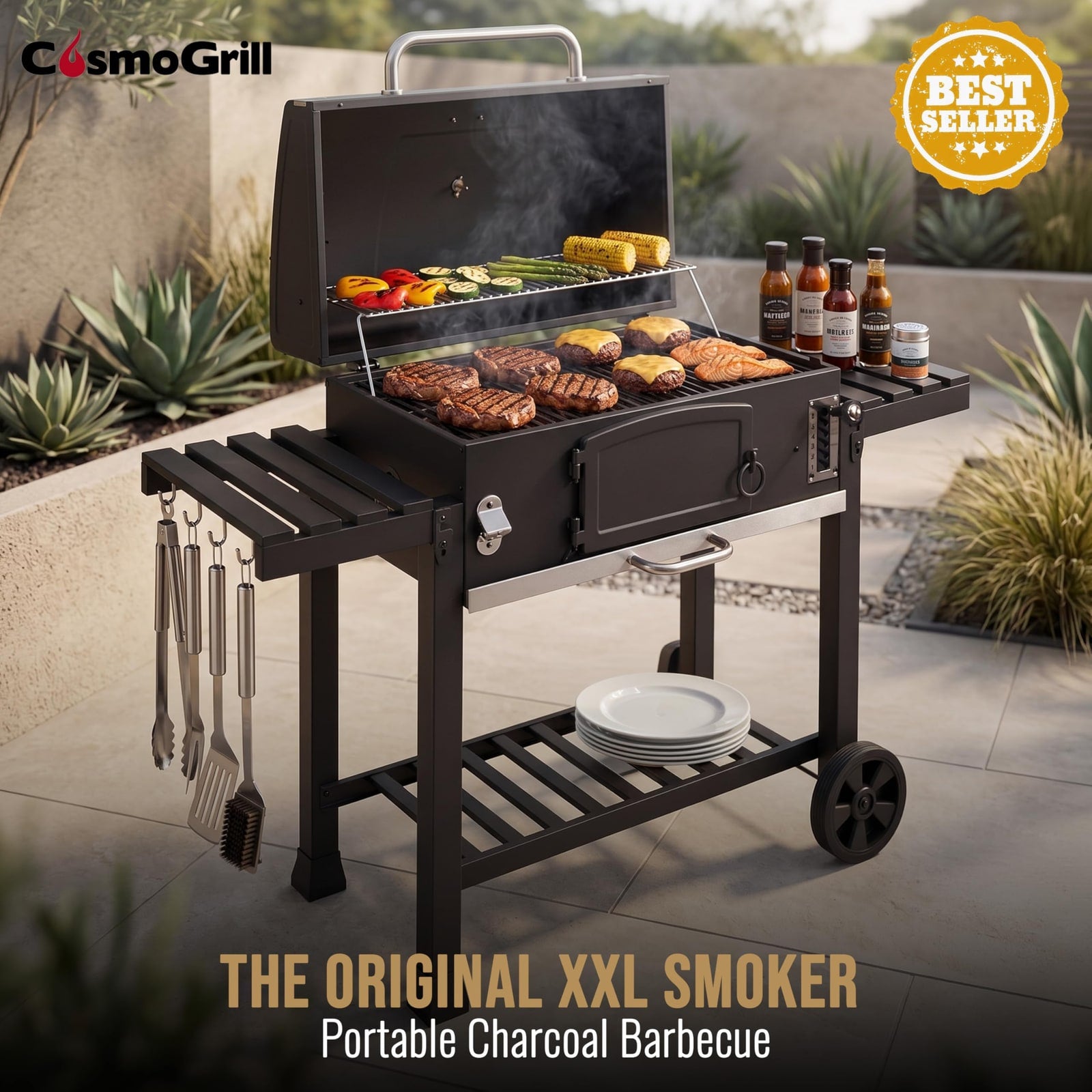 CosmoGrill Outdoor XXL Charcoal Smoker BBQ with Lid & Shelves – product image 3