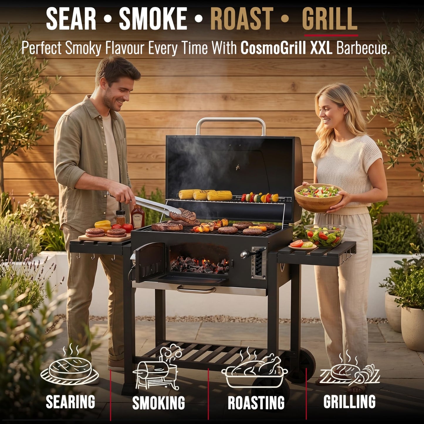 CosmoGrill Outdoor XXL Charcoal Smoker BBQ with Lid & Shelves – product image 9