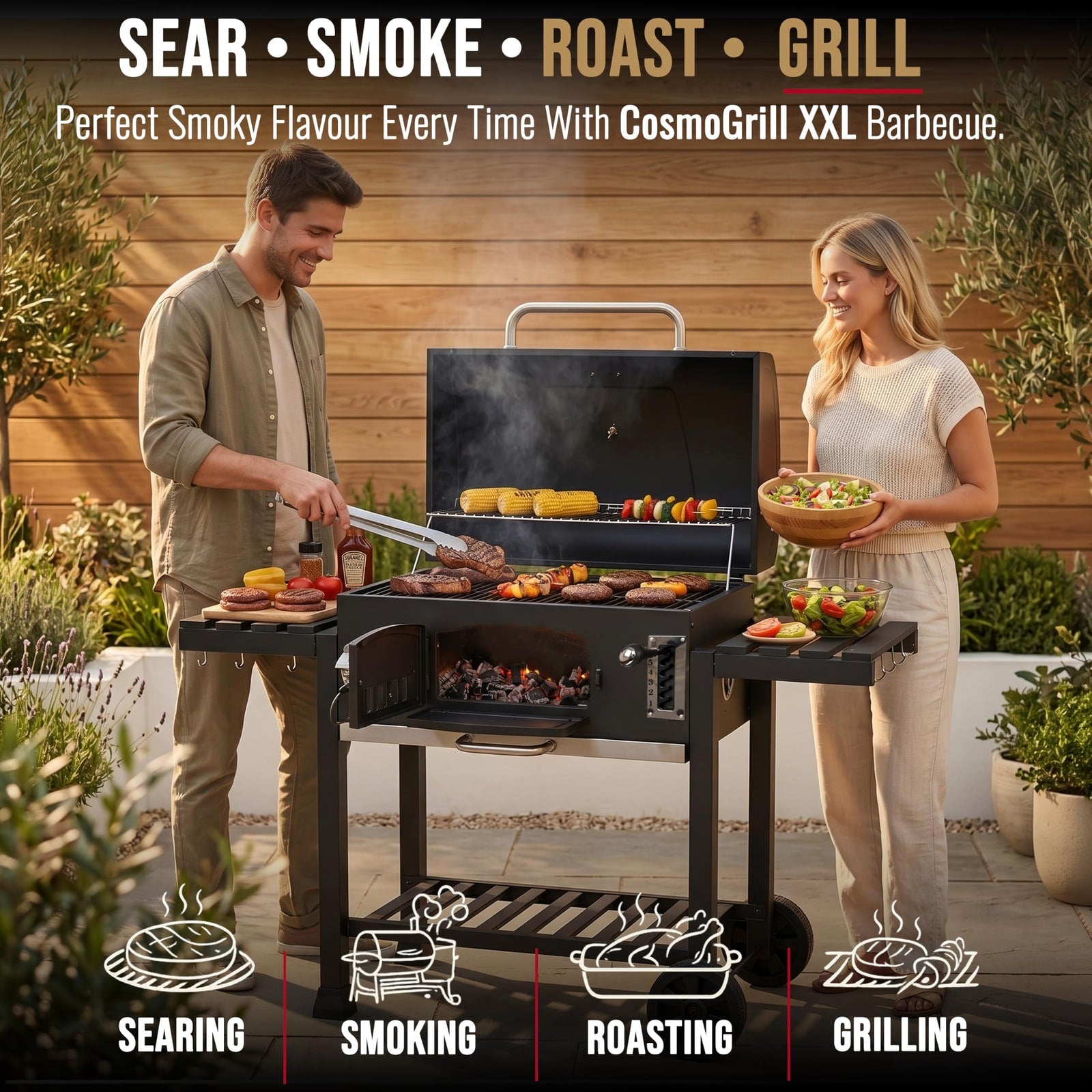 CosmoGrill Outdoor XXL Charcoal Smoker BBQ with Lid & Shelves – product image 9