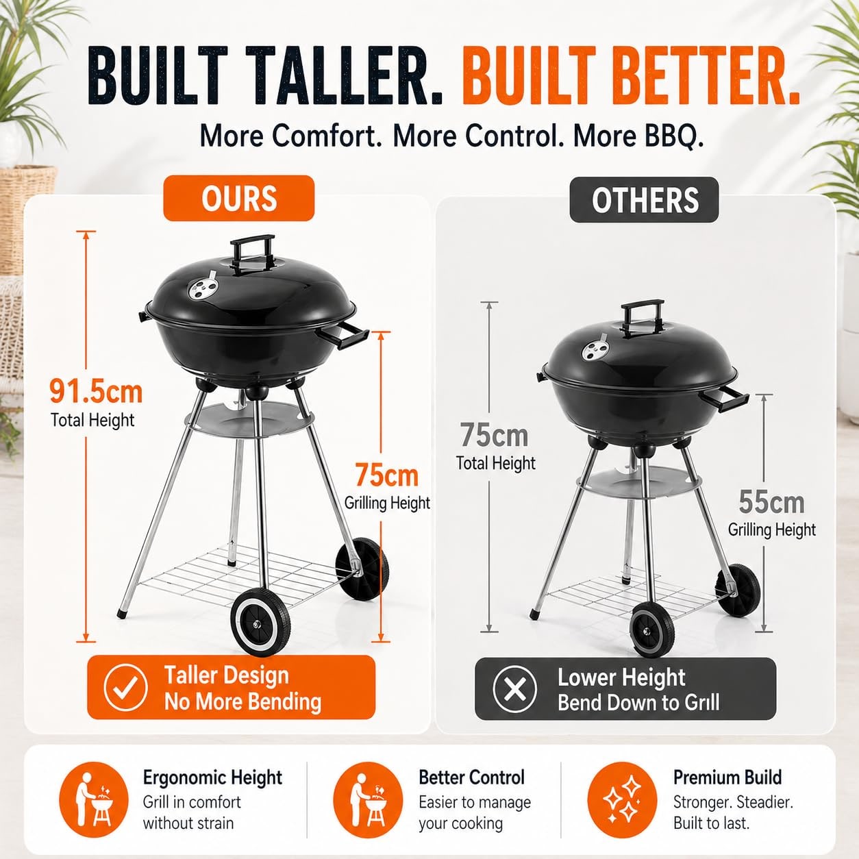 House of Home Tall Kettle Charcoal BBQ – 75cm Cooking Height – product image 3