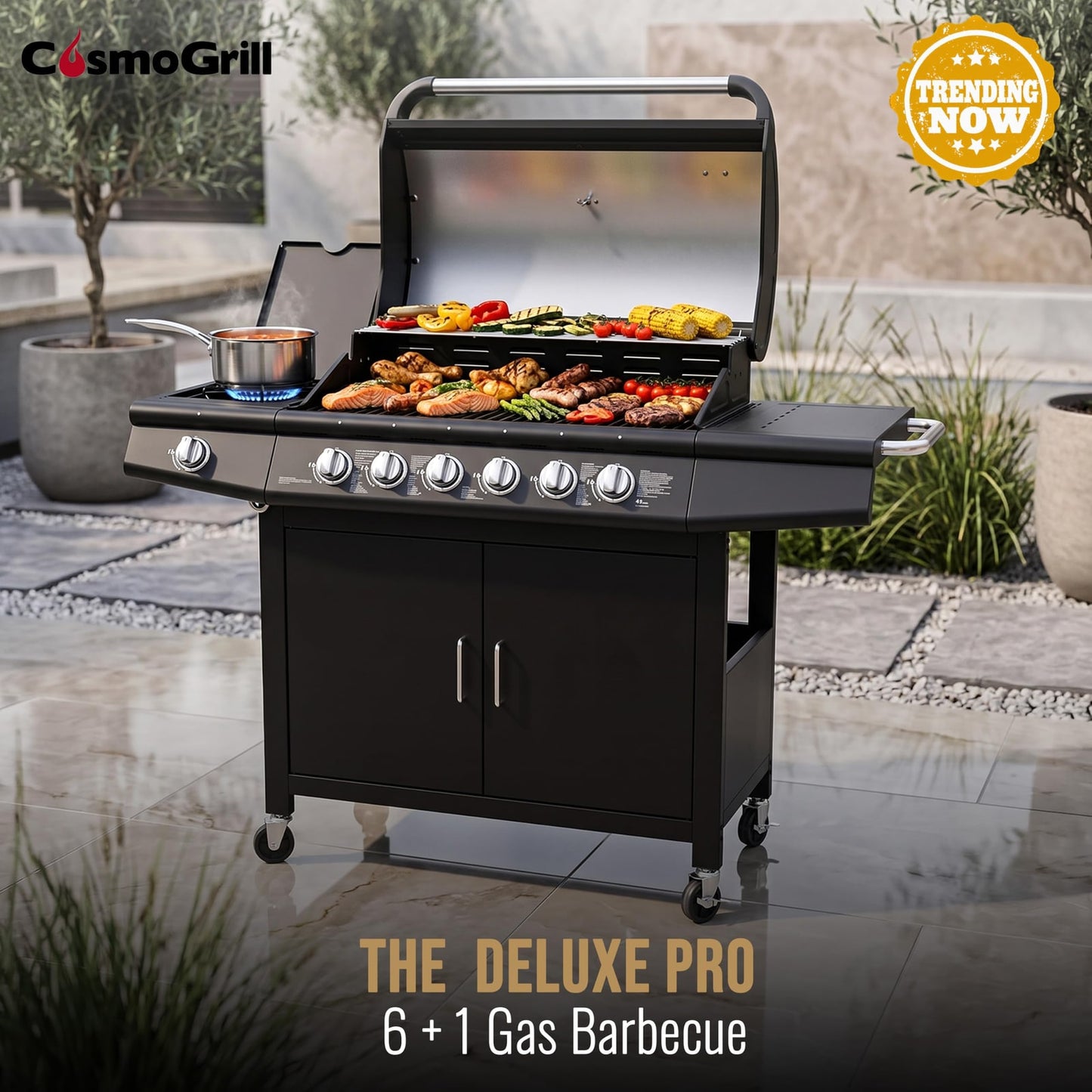 CosmoGrill Pro Deluxe 6+1 Burner Gas BBQ – Black – product image 5