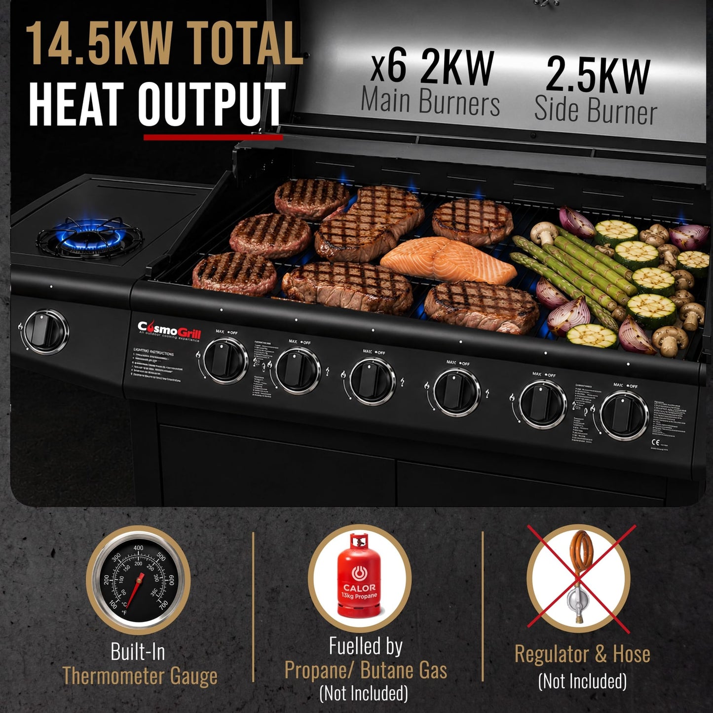 CosmoGrill Pro Deluxe 6+1 Burner Gas BBQ – Black – product image 7