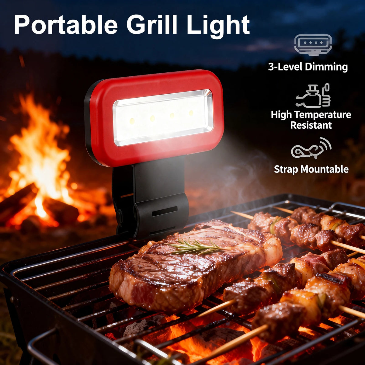 Red LED Grill Light with Strap Mount, 3 Brightness Levels, 2 x AA Battery Powered