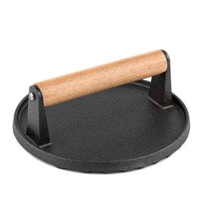 Cast Iron Steak Press with Wooden Handle, 17.4cm Round or Stripe Face
