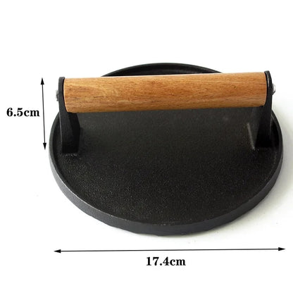 Cast Iron Steak Press with Wooden Handle, 17.4cm Round or Stripe Face - Round